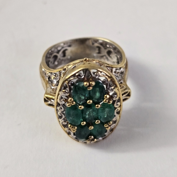 Sterling Silver 925 Intricate Green and Gold Ring with Emerald Cluster - Picture 4 of 7